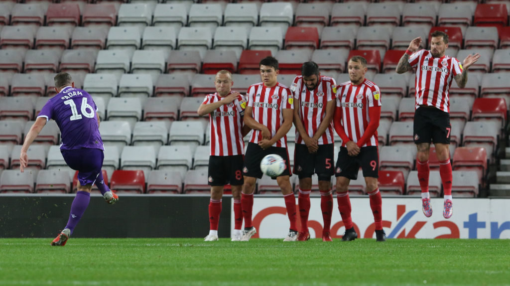 SUNDERLAND, ENGLAND - SEPTEMBER 04: Charlie Adam of Stoke (L) fires a free kick during the Checkatrade Trophy Northern Group A match between Sunderland and Stoke City U21 at Stadium of Light on September 4, 2018 in Sunderland, United Kingdom. (Photo by Ian Horrocks/Sunderland AFC via Getty Images)