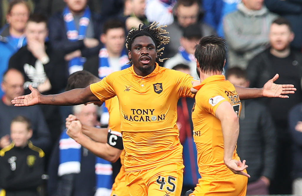 LIVINGSTON, SCOTLAND - SEPTEMBER 30: Dolly Menga of Livingston celebrates after scoring the only goal of the game during the Ladbrokes Premiership match between Livingston and Rangers at on September 30, 2018 in Livingston, Scotland. (Photo by Ian MacNicol/Getty Images)