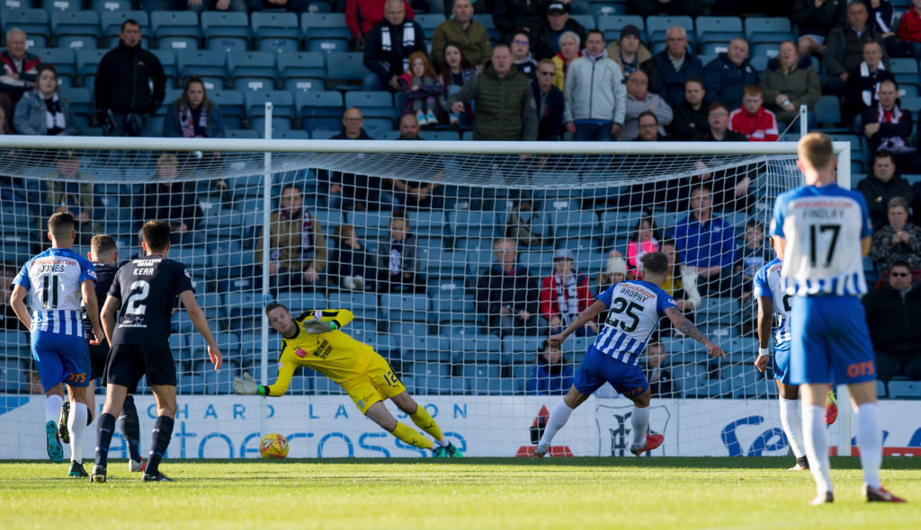 6th October 2018, Dens Park, Dundee, Scotland; Ladbrokes Premiership football, Dundee versus Kilmarnock; Eamonn Brophy of Kilmarnock scores for 2-1 in the 53rd minute