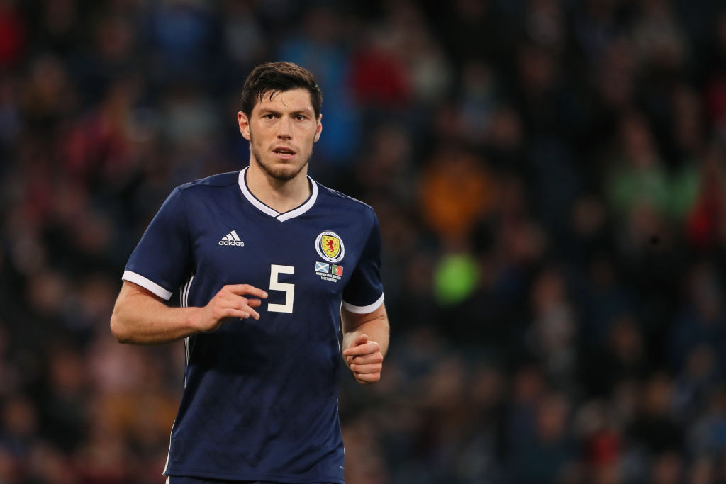 GLASGOW, SCOTLAND - OCTOBER 14: Scott McKenna of Scotland during the International Friendly match between Scotland and Portugal at Hampden Park, Glasgow, Scotland on October 14, 2018 in Glasgow, United Kingdom.