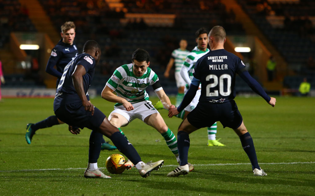 31st October 2018, Kilmac Stadium, Dundee, Scotland; Ladbrokes Premiership football, Dundee v Celtic; Lewis Morgan of Celtic takes on Genseric Kusunga and Kenny Miller of Dundee