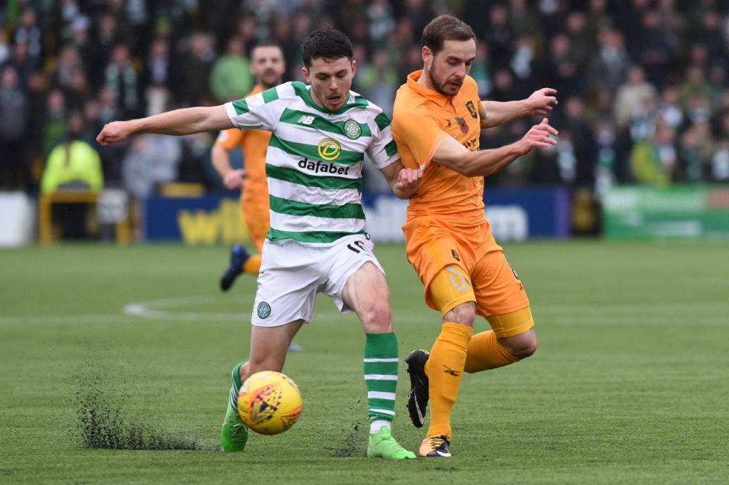 LIVINGSTON, SCOTLAND - NOVEMBER 11: Lewis Morgan (L) of Celtic FC goes shoulder to shoulder with Scott Pittman (R) of Livingston FC during the Ladbrokes Premiership match between Livingston and Celtic at Tony Macaroni Arena on November 11, 2018 in Livingston, Scotland.