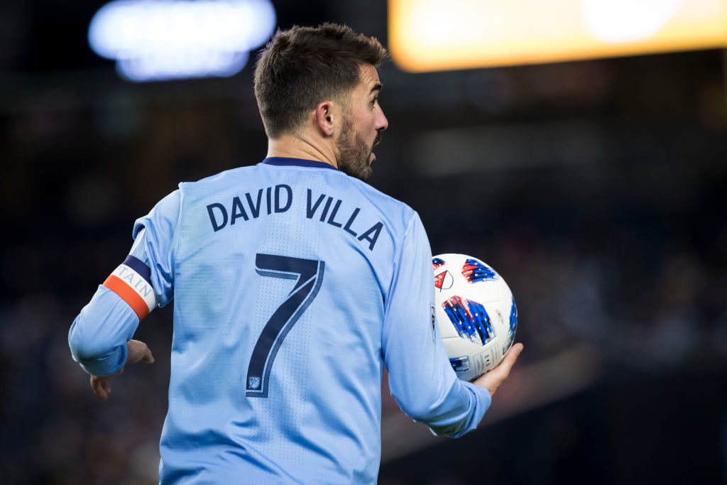 BRONX, NY - NOVEMBER 04: David Villa #7 of New York City goes to take the throw in during the 2018 Major League Soccer Cup Playoffs Eastern Conference Semi-Final Leg 1 match between New York City FC and Atlanta FC at Yankee Stadium on November 04, 2018 in the Bronx borough of New York. Atlanta United won the match with a score of 1 to 0. (Photo by Ira L. Black/Corbis via Getty Images)