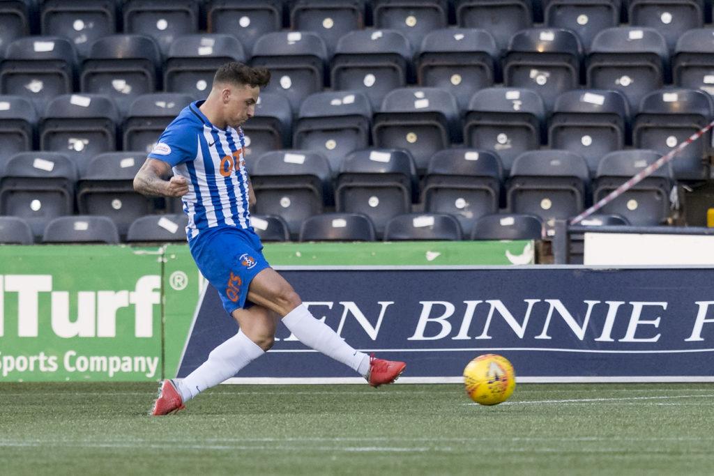 1st December 2018, Rugby Park, Kilmarnock, Scotland; Ladbrokes Premiership football, Kilmarnock versus Hibernian; Eamonn Brophy of Kilmarnock scores opening goal in the 6th minute