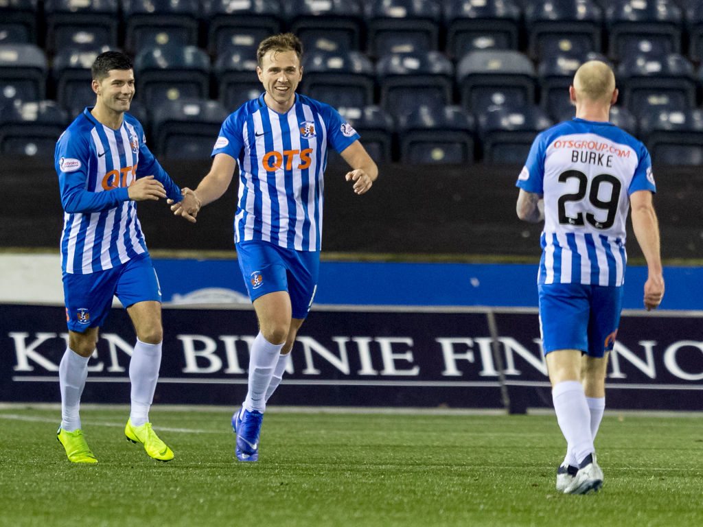 1st December 2018, Rugby Park, Kilmarnock, Scotland; Ladbrokes Premiership football, Kilmarnock versus Hibernian; Greg Stewart of Kilmarnock celebrates after scoring Kilmarnocks 3rd goal in the 90th Minute (photo by Alan Rennie/Action Plus via Getty Images)