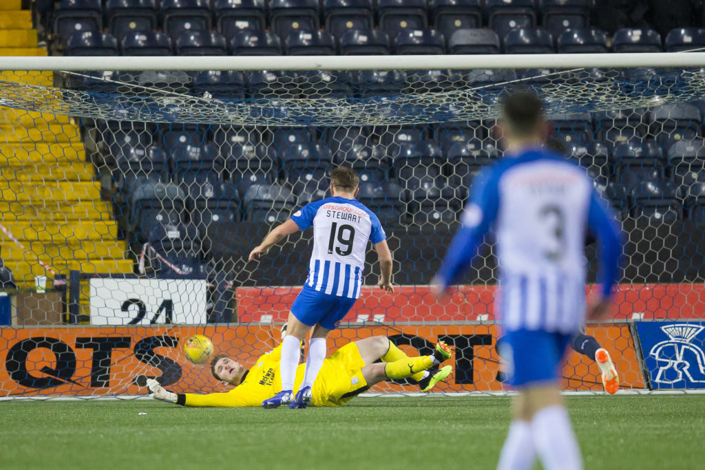 15th December 2018, Rugby Park, Kilmarnock, Scotland; Ladbrokes Premiership football, Kilmarnock versus Dundee; Greg Stewart of Kilmarnock scores for 3-0 in the 79th minute