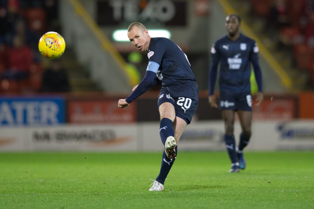 18th December 2018, Pittodrie Stadium, Aberdeen, Scotland; Ladbrokes Premiership football, Aberdeen versus Dundee; Kenny Miller of Dundee gets his shot on goal (photo by David Young/Action Plus via Getty Images)