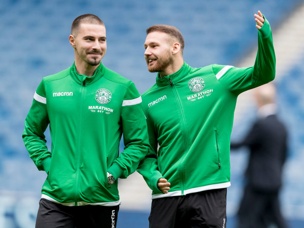26th December 2018, Ibrox Stadium, Glasgow, Scotland; Ladbrokes Premiership football, Rangers versus Hibernian; Jamie Maclaren and Martin Boyle of Hibernian looking relaxed ahead of kick off