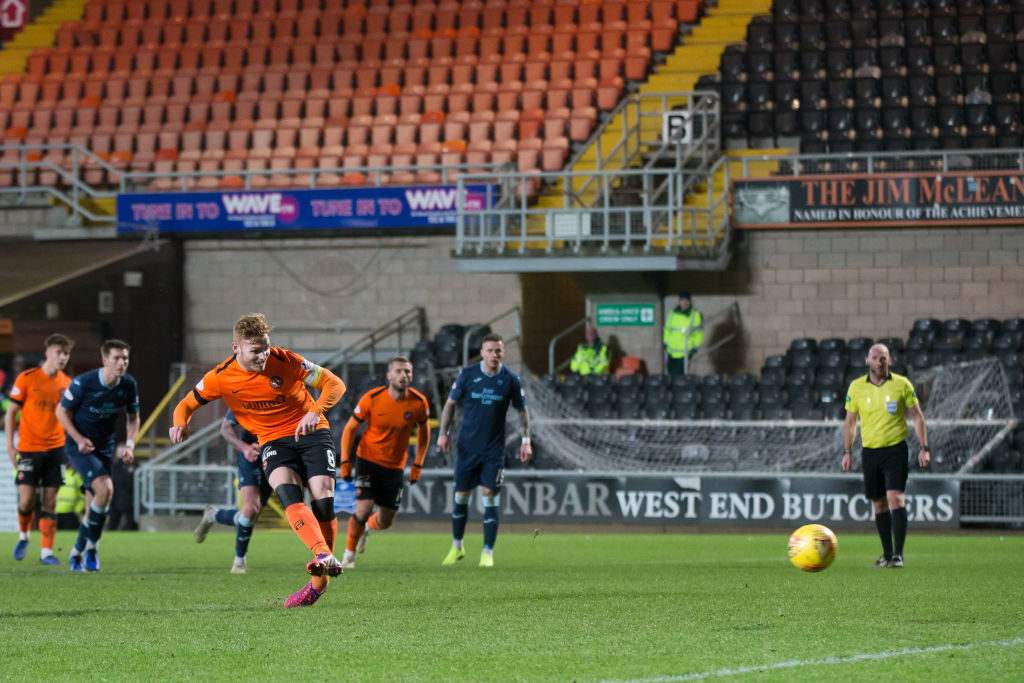 5th January 2019, Tannadice Park, Dundee, Scotland; Scottish Championship football, Dundee United versus Partick Thistle; Fraser Fyvie of Dundee United scores a penalty for 1-1 in the 61st minute 