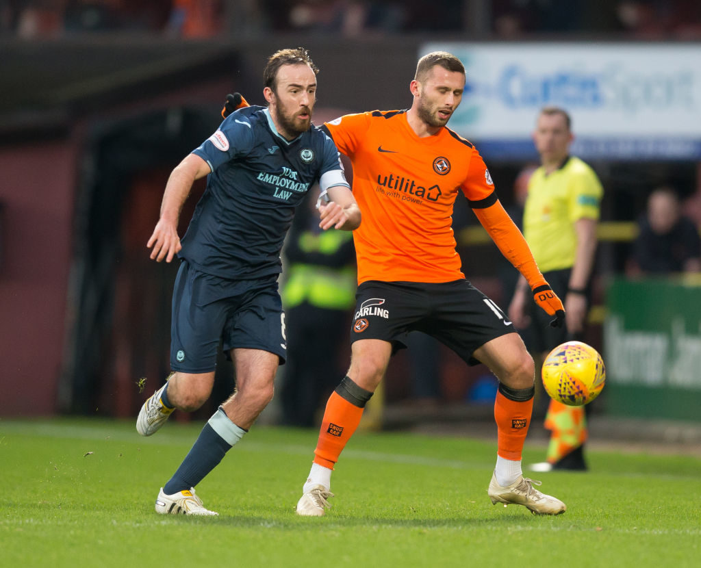 5th January 2019, Tannadice Park, Dundee, Scotland; Scottish Championship football, Dundee United versus Partick Thistle; Stuart Bannigan of Patrick Thistle challenges for the ball with Pavol Safranko of Dundee United