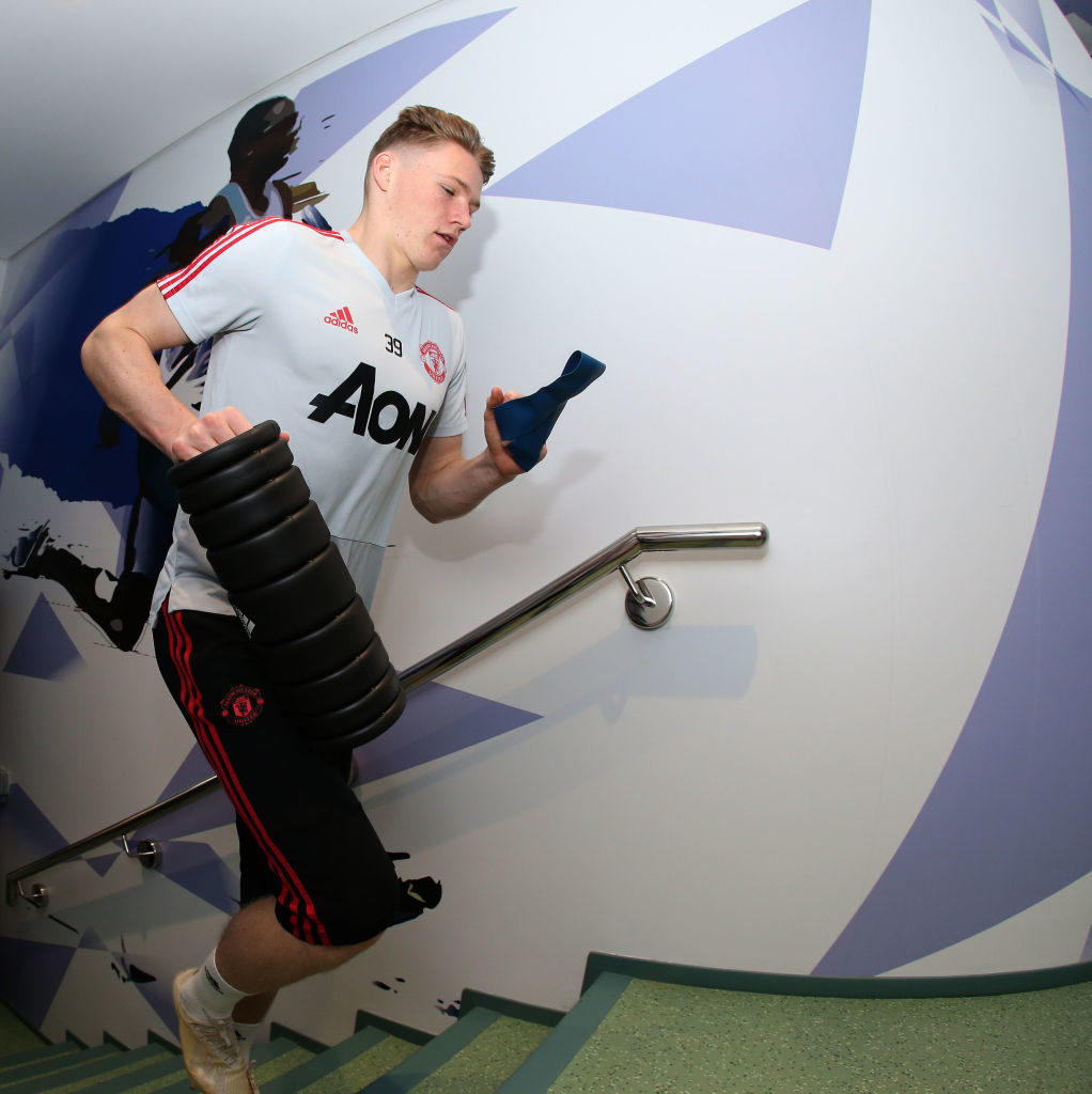 DUBAI, ENGLAND - JANUARY 09: (EXCLUSIVE COVERAGE) Scott McTominay of Manchester United in action during a first team training session at Nad Al Sheba Sports Complex on January 9, 2019 in Dubai, United Arab Emirates.