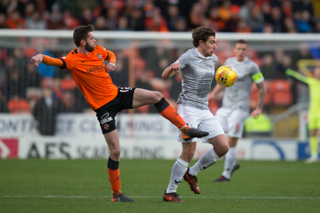 12th January 2019, Tannadice Park, Dundee, Scotland; Scottish Championship football, Dundee United versus Dunfermline Athletic; Joe Thomson of Dunfermline Athletic challenges for the ball with Sam Stanton of Dundee United