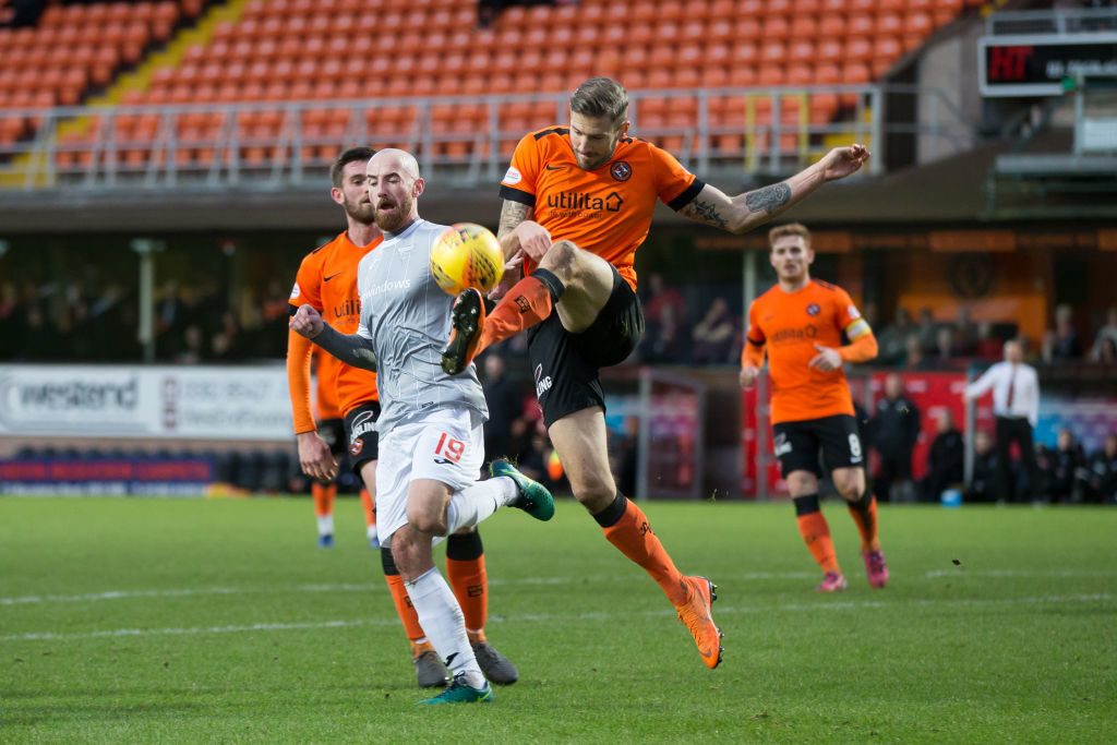 12th January 2019, Tannadice Park, Dundee, Scotland; Scottish Championship football, Dundee United versus Dunfermline Athletic; Frederic Frans of Dundee United clears from James Vincent of Dunfermline Athletic