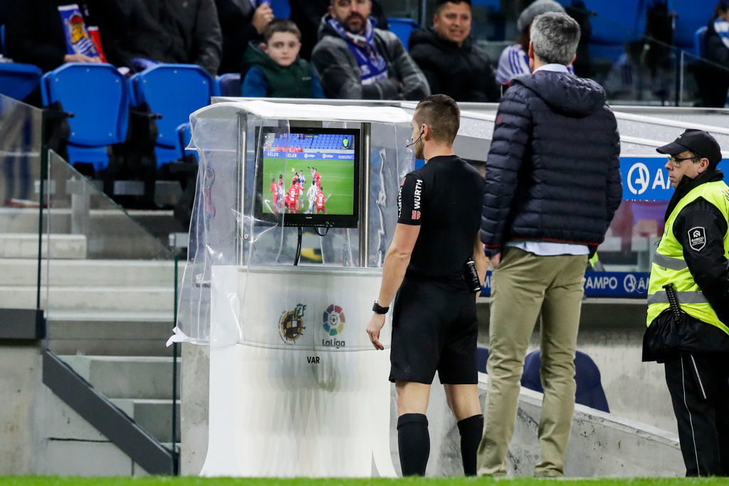 SAN SEBASTIAN, SPAIN - JANUARY 14: Del Cerro Grande referee, VAR during the La Liga Santander match between Real Sociedad v Espanyol at the Estadio Anoeta on January 14, 2019 in San Sebastian Spain