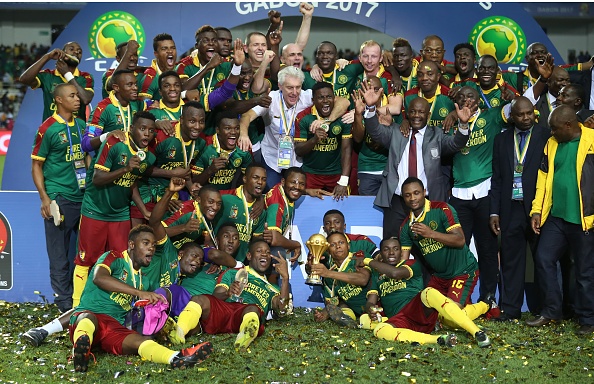 LIBREVILLE, GABON - FEBRUARY 05: Players of Cameroon celebrate during the awards ceremony after winning the final match in 2017 Africa Cup of Nations at the d'Angondje Stadium in Libreville, Gabon on February 05, 2017. (Photo by Fared Kotb/Anadolu Agency/Getty Images)