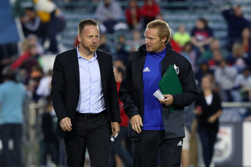 CARY, NC - MAY 06: San Francisco head coach Marc Dos Santos (CAN) (left) with NCFC assistant coach Greg Shields (SCO) (right). The North Carolina Football Club hosted the San Francisco Deltas on May 6, 2017, at Sahlen's Stadium at WakeMed Soccer Park in Cary, NC in a 2017 North American Soccer League Spring Season match. San Francisco won the game 2-1.