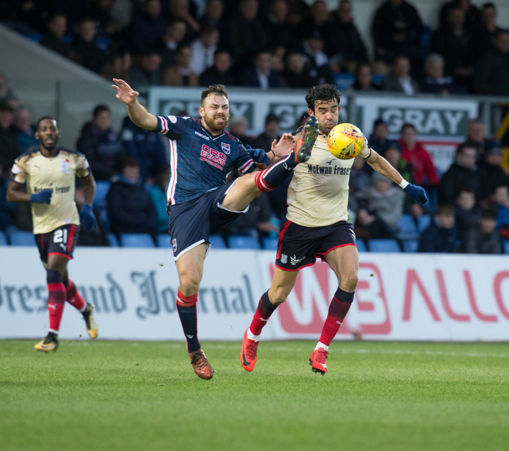 2nd December 2017, Global Energy Stadium, Dingwall, Scotland; Scottish Premiership football, Ross County versus Dundee; Ross County's Kenny van der Weg battles for the ball with Dundee's Sofien Moussa 