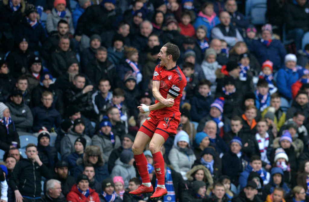 GLASGOW, SCOTLAND - MARCH 04: Aaron Muirhead of Falkirk celebrates scoring a goal in the first half during the Scottish Cup Quarter Final match between Rangers and Falkirk at Ibrox Stadium on March 4, 2018 in Glasgow, Scotland.