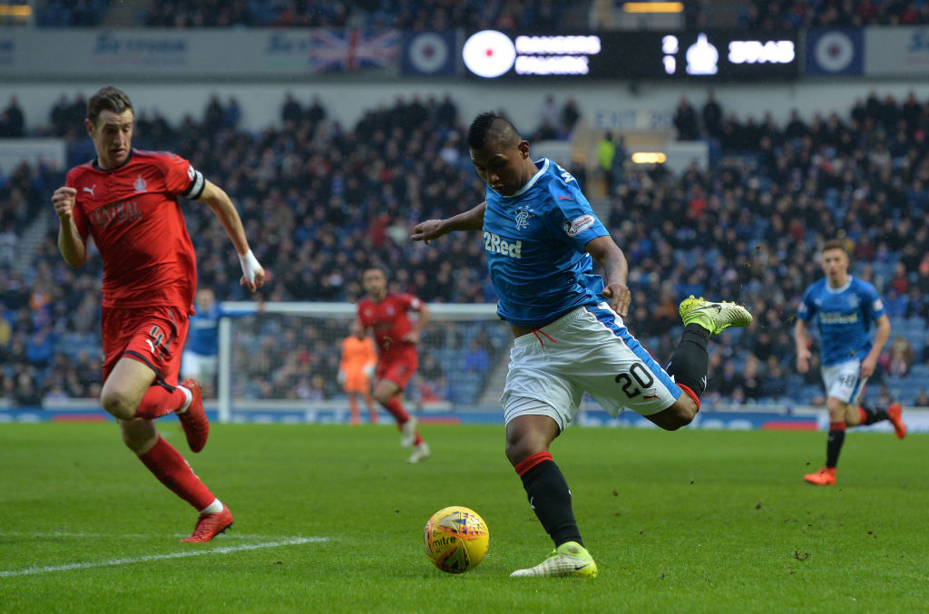 GLASGOW, SCOTLAND - MARCH 04: Alfredo Morelos of Rangers takes on Aaron Muirhead of Falkirk during the Scottish Cup Quarter Final match between Rangers and Falkirk at Ibrox Stadium on March 4, 2018 in Glasgow, Scotland.