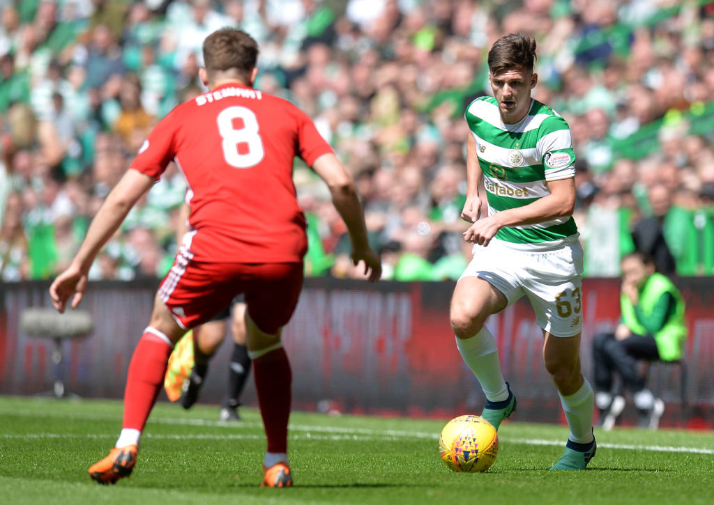 GLASGOW, SCOTLAND - MAY 13: Kieran Tierney of Celtic and Greg Stewart of Aberdeen in action during the Scottish Premier League match between Celtic and Aberdeen at Celtic Park on May 13, 2018 in Glasgow, Scotland.