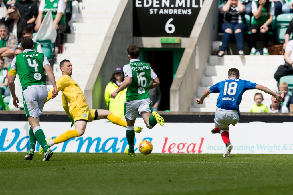 13th May 2018, Easter Road, Edinburgh, Scotland; Scottish Premier League football, Hibernian versus Rangers; Jordan Rossiter of Rangers scores Rangers second goal past keeper Marciano 