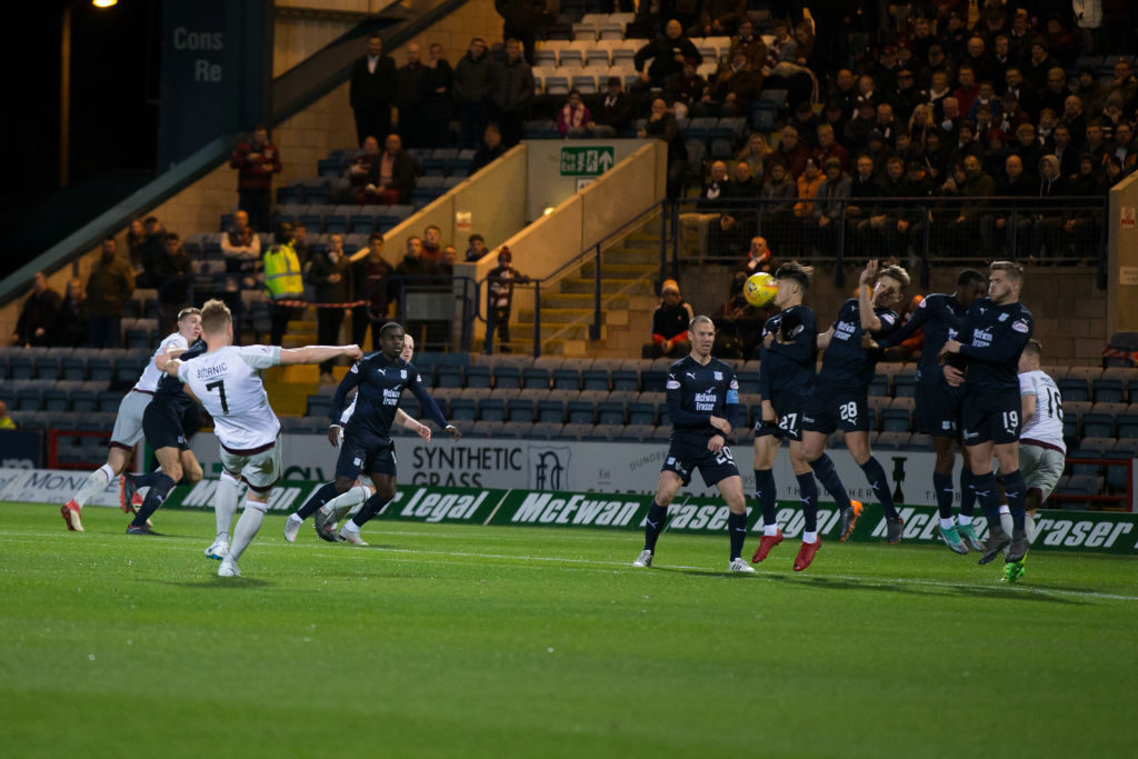 23rd October 2018, Dens Park, Dundee, Scotland; Ladbrokes Premiership football, Dundee versus Heart of Midlothian; Oliver Bozanic of Heart of Midlothian takes the direct free kick and scores for 1-0 in the 1st minute