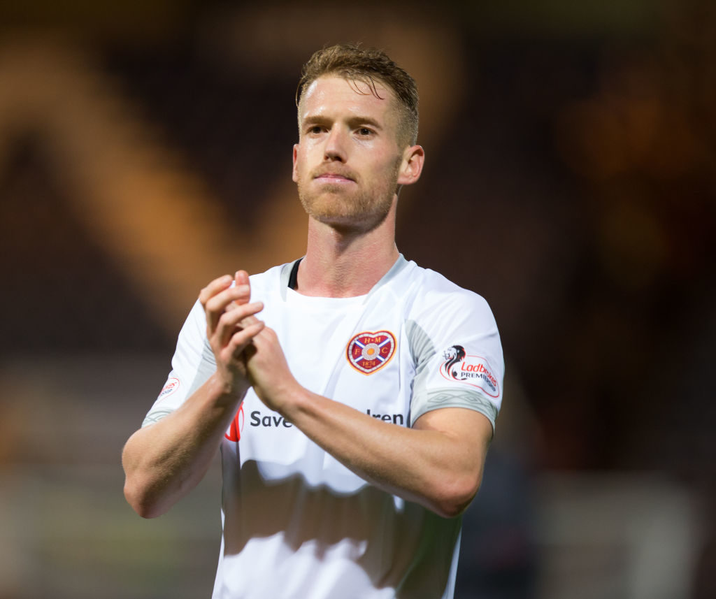 23rd October 2018, Dens Park, Dundee, Scotland; Ladbrokes Premiership football, Dundee versus Heart of Midlothian; Oliver Bozanic of Heart of Midlothian applauds the fans at the end of the match