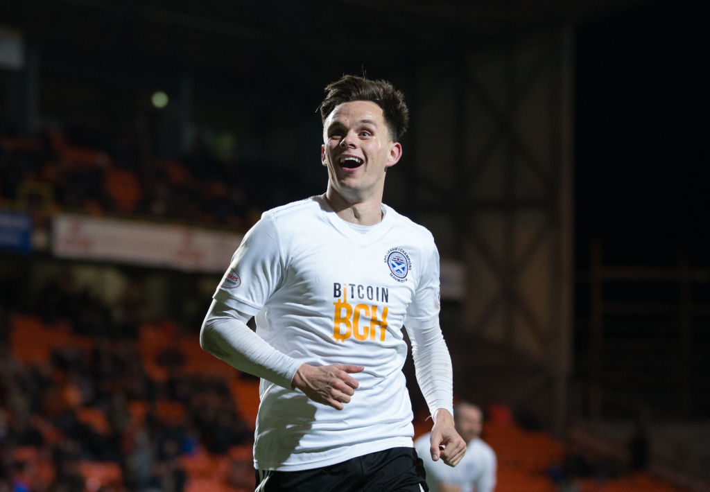30th November 2018, Tannadice Park, Dundee, Scotland; Scottish Championship football, Dundee United versus Ayr United; Lawrence Shankland of Ayr United celebrates after scoring from a penalty for 4-0 in the 86th minute