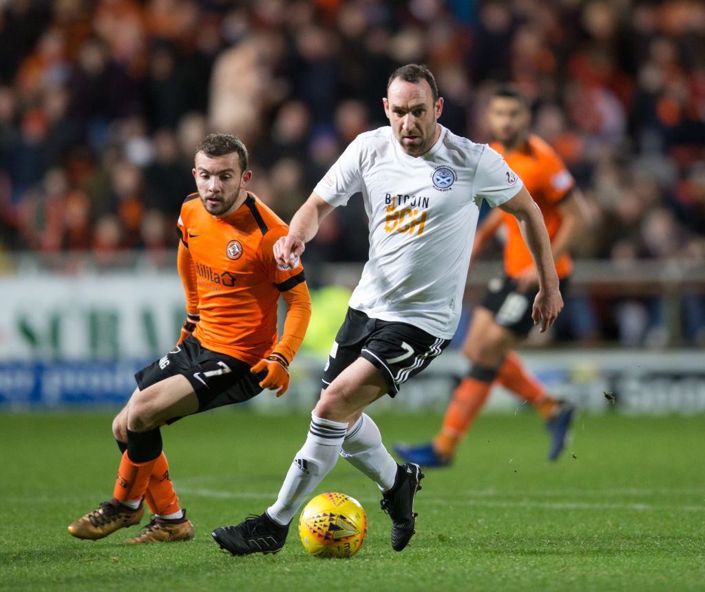 30th November 2018, Tannadice Park, Dundee, Scotland; Scottish Championship football, Dundee United versus Ayr United; Michael Moffat of Ayr United and Paul McMullan of Dundee United