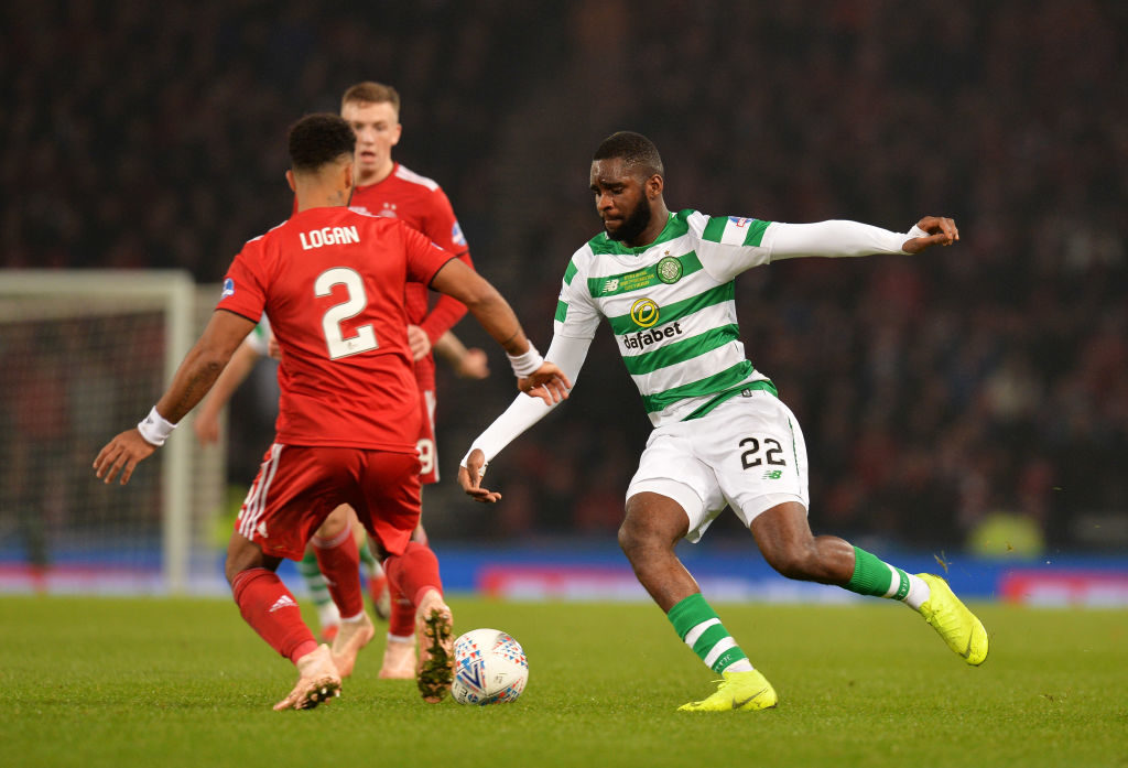 GLASGOW, SCOTLAND - DECEMBER 02: Odsonne Edouard of Celtic takes on Shaleum Logan of Aberdeen during the Betfred Cup Final between Celtic and Aberdeen at Hampden Park on December 2, 2018 in Glasgow, Scotland.