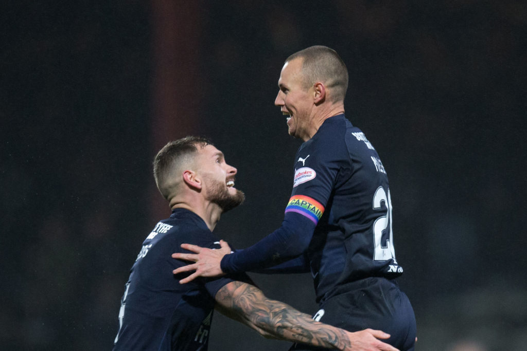 5th December 2018, Dens Park, Dundee, Scotland; Ladbrokes Premiership football, Dundee versus Hamilton Academical; Kenny Miller of Dundee is congratulated after scoring for 1-0 in the 28th minute by Martin Woods