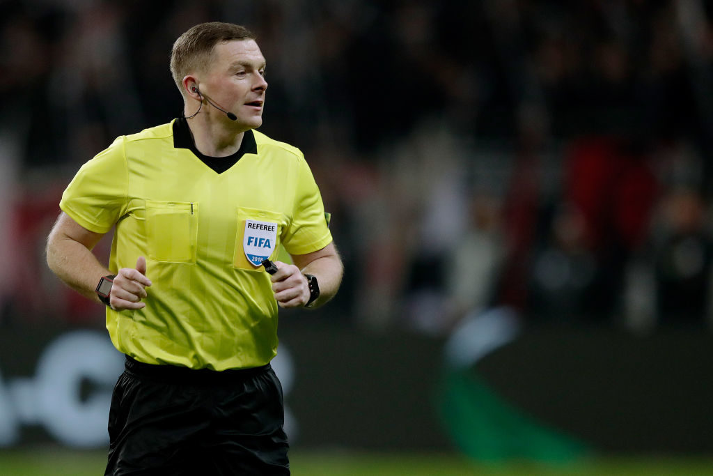 FRANKFURT, GERMANY - NOVEMBER 29: referee John Beaton during the UEFA Europa League match between Eintracht Frankfurt v Olympique Marseille at the Commerzbank Arena on November 29, 2018 in Frankfurt Germany 