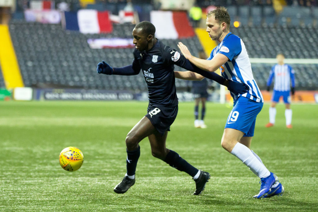 15th December 2018, Rugby Park, Kilmarnock, Scotland; Ladbrokes Premiership football, Kilmarnock versus Dundee; Glen Kamara of Dundee and Greg Stewart of Kilmarnock