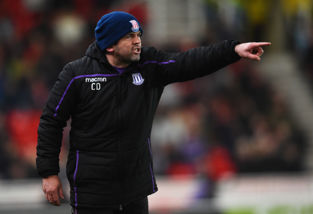 STOKE ON TRENT, ENGLAND - JANUARY 01:: Callum Davidson coach of Stoke City reacts during the Sky Bet Championship match between Stoke City and Bristol City at Bet365 Stadium on January 01, 2019 in Stoke on Trent, England.