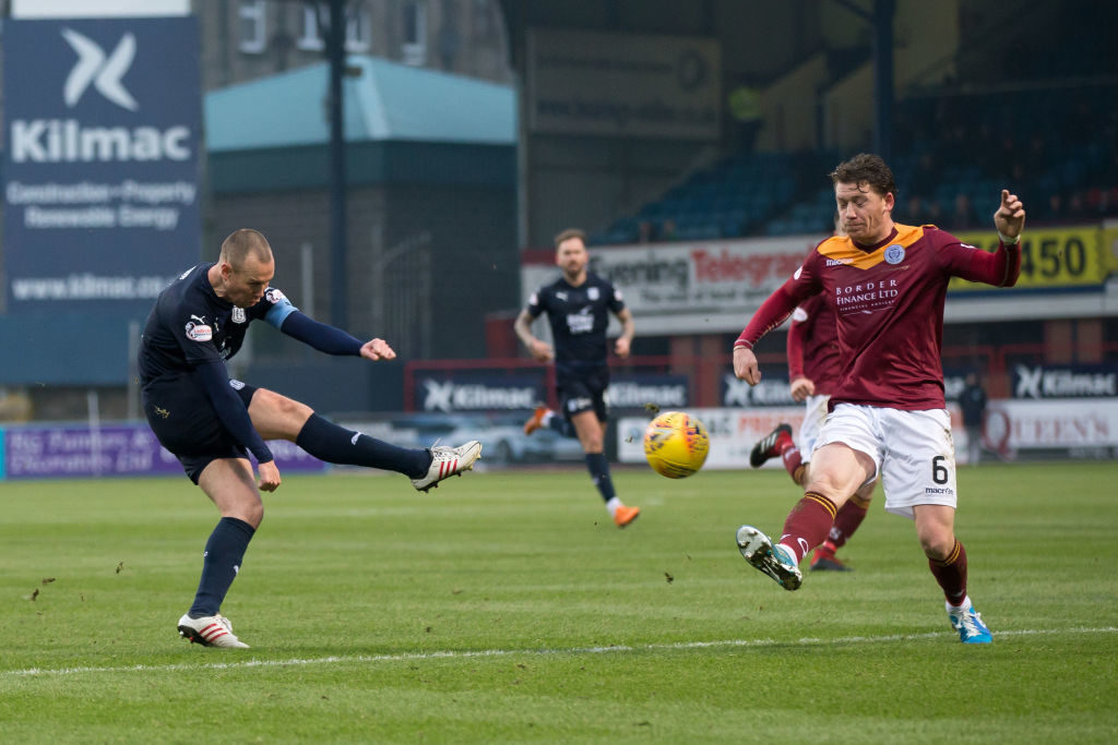 19th January 2019, Dens Park, Dundee, Scotland; Scottish Cup football fourth round, Dundee v Queen of the South; Michael Doyle of Queen of the South blocks a shot from Kenny Miller of Dundee