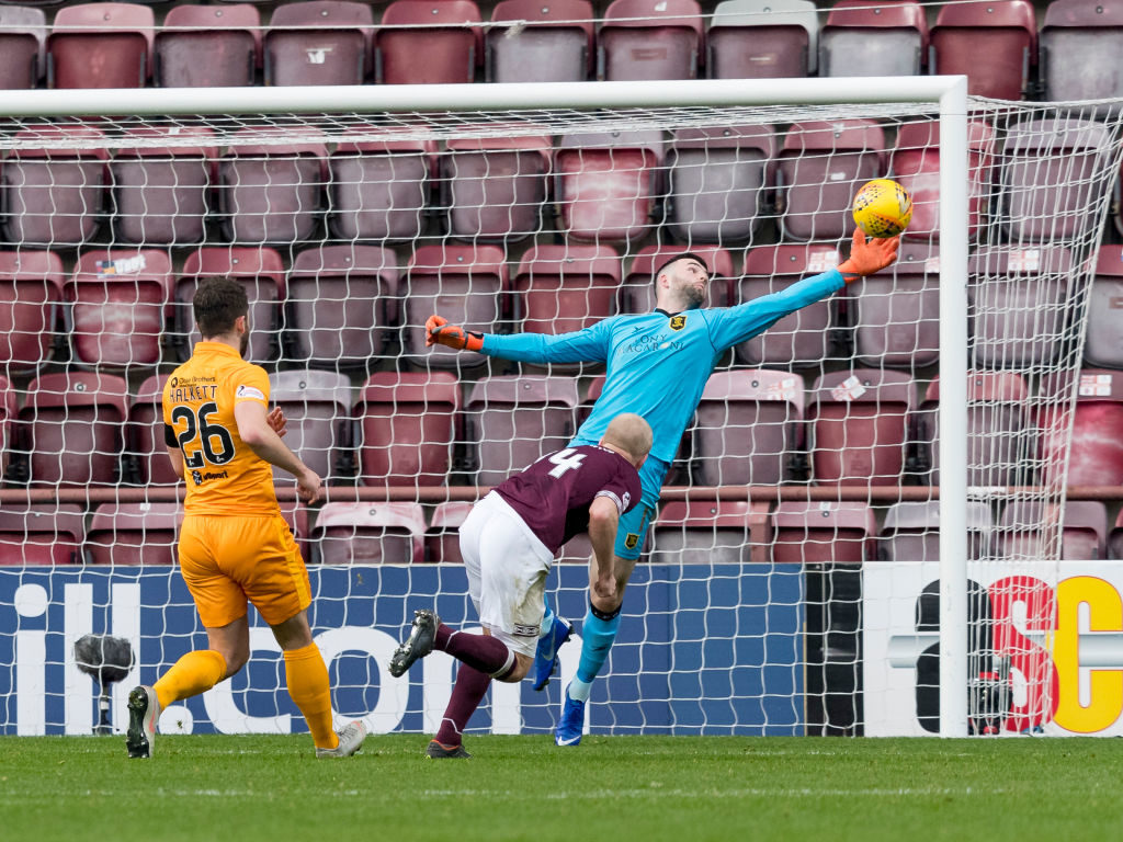 20th January 2019, Tynecastle Park, Edinburgh, Scotland; Scottish Cup football fourth round, Heart of Midlothian versus Livingston; Liam Kelly of Livingston makes a save from Steven Naismith of Hearts header