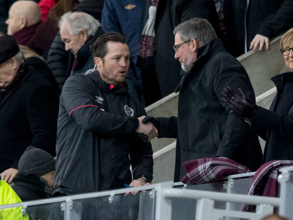 20th January 2019, Tynecastle Park, Edinburgh, Scotland; Scottish Cup football fourth round, Heart of Midlothian versus Livingston; Craig Levein manager of Hearts at full time shakes hands with John Daly (