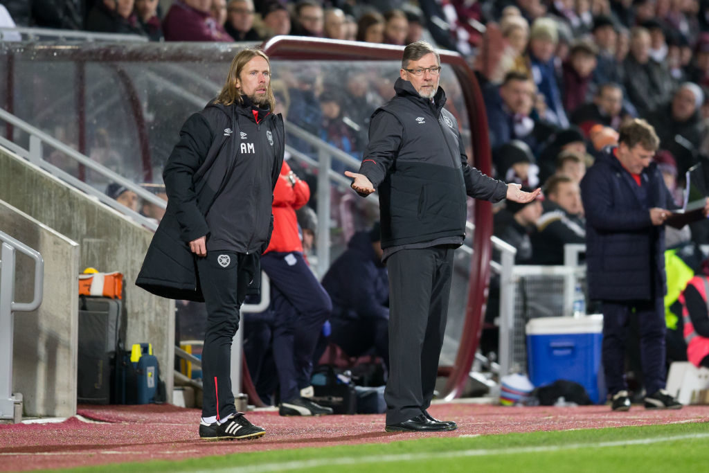 23rd January 2019, Tynecastle Park, Edinburgh, Scotland; Ladbrokes Premiership football, Heart of Midlothian versus Dundee; Heart of Midlothian manager Craig Levein and assistant Austin McPhee look frustrated as their team lags