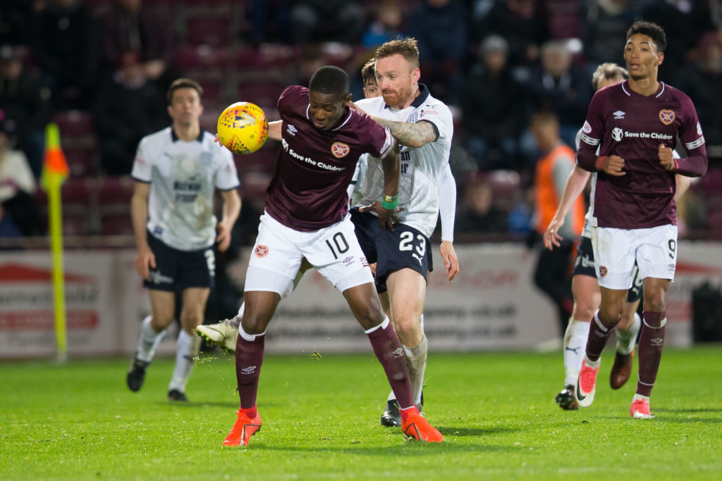 23rd January 2019, Tynecastle Park, Edinburgh, Scotland; Ladbrokes Premiership football, Heart of Midlothian versus Dundee; Craig Curran of Dundee challenges Arnaud Djoum of Heart of Midlothian