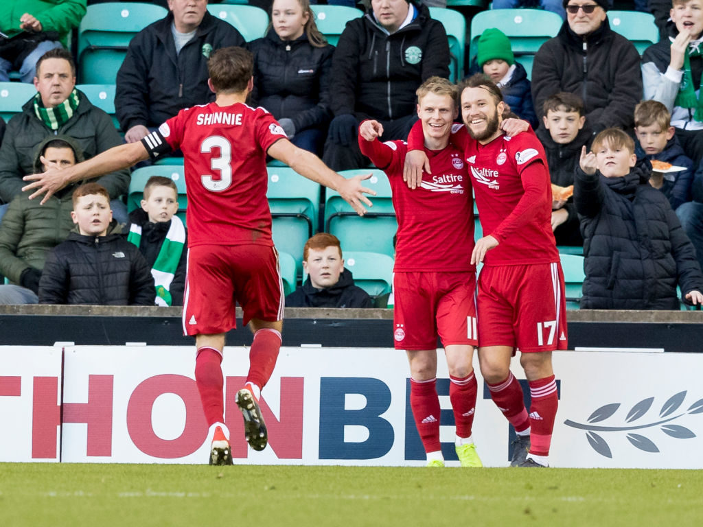 2nd February 2019, Easter Road, Edinburgh, Scotland; Ladbrokes Premiership football, Hibernian versus Aberdeen;Gary Mackay-Steven of Aberdeen celebrates after scoring to make it 2-1 with Stevie May and Graeme Shinnie of Aberdeen