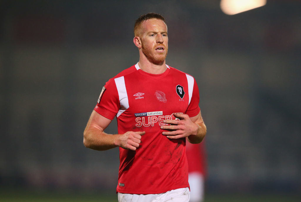 SALFORD, ENGLAND - FEBRUARY 05: Adam Rooney of Salford City looks on during the FA Trophy third round match between Salford City and Maidstone United at Moor Lane on February 5, 2019 in Salford, England.