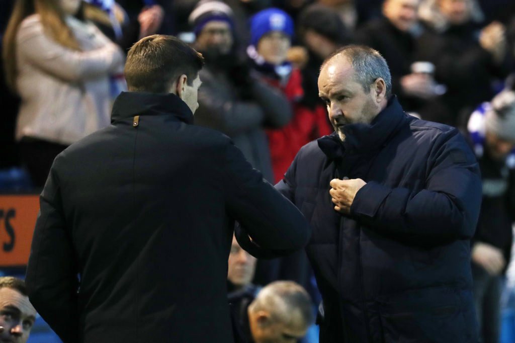 KILMARNOCK, SCOTLAND - FEBRUARY 09: Steven Gerrard, Manager of Rangers shakes hands with Steve Clarke, Manager of Kilmarnock FC prior to the Scottish Cup 5th Round match between Kilmarnock and Rangers at Rugby Park on February 9, 2019 in Kilmarnock, Scotland.