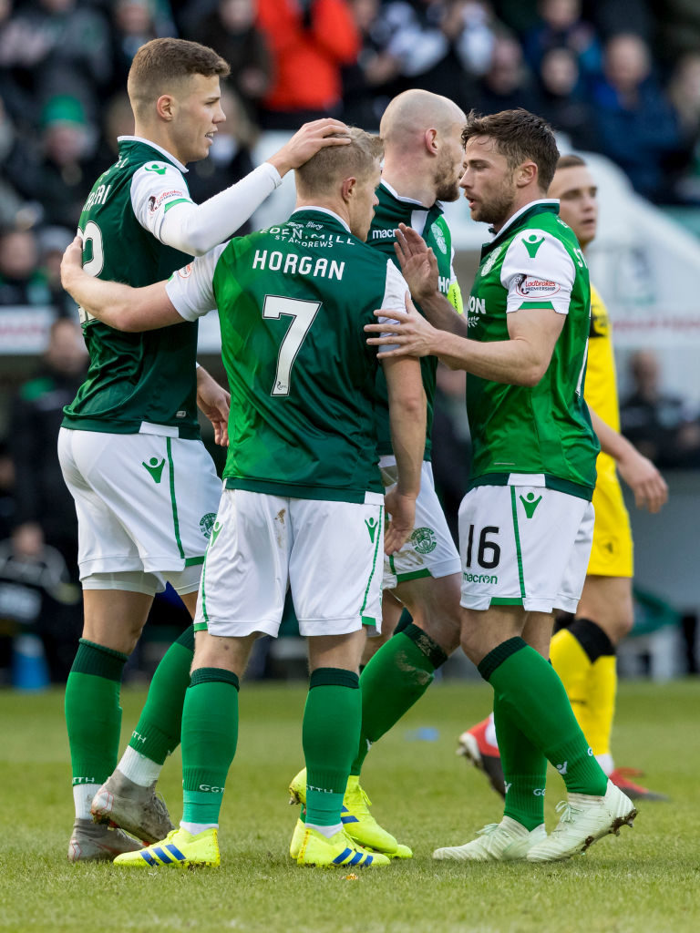 9th February 2019, Easter Road, Edinburgh, Scotland; Scottish Cup football fifth round, Hibernian versus Raith Rovers; Daryl Horgan of Hibernian celebrates after scoring the opening goal with team mates