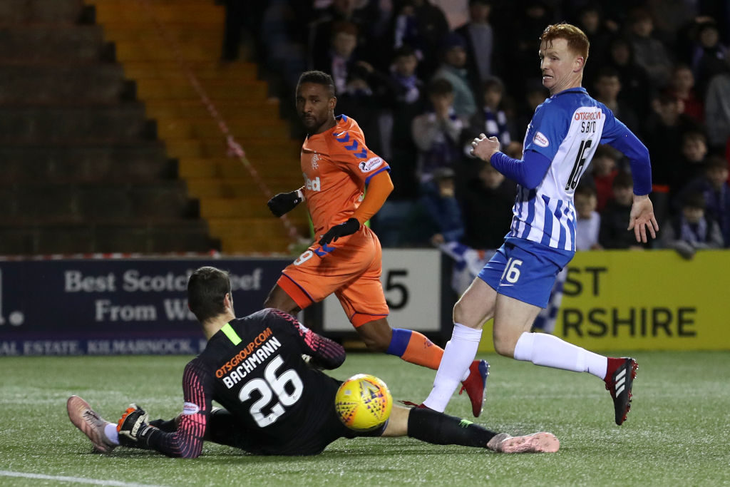 KILMARNOCK, SCOTLAND - FEBRUARY 09: Jermain Defoe of Rangers shoots for goal and misses under pressure Daniel Bachmann and Scott Boys of Kilmarnock FC during the Scottish Cup 5th Round match between Kilmarnock and Rangers at Rugby Park on February 9, 2019 in Kilmarnock, Scotland.