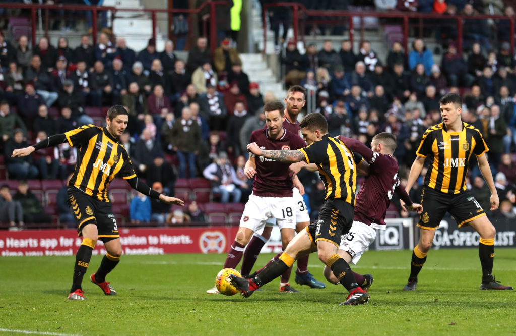 EDINBURGH, SCOTLAND - FEBRUARY 10: Aidan Keena of Hearts scores his team's fourth goal during the Scottish Cup 5th Round match between Heart of Midlothian and Auchinleck Talbot at Tynecastle Stadium on February 10, 2019 in Edinburgh, Scotland.