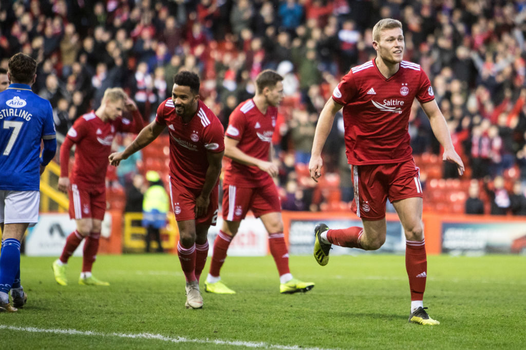 ABERDEEN, SCOTLAND - FEBRUARY 10: Sam Cosgrove of Aberdeen celebrates during the Scottish Cup 5th Round match between Aberdeen and Queen of The South at Pittodrie Stadium on February 10, 2019 in Aberdeen, Scotland.