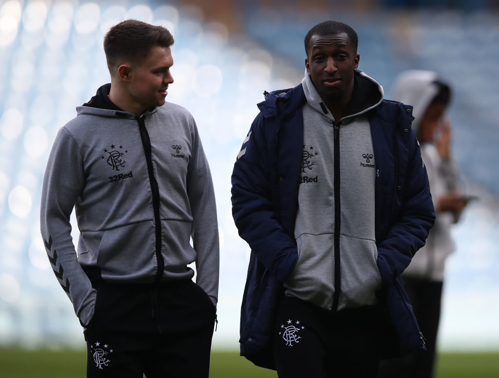 GLASGOW, SCOTLAND - FEBRUARY 16: Glenn Middleton and Glen Kamara of Rangers are seen prior to the Ladbrookes Scottish Premiership match between Rangers and St Johnstone at Ibrox Stadium on February 16, 2019 in Glasgow, Scotland.