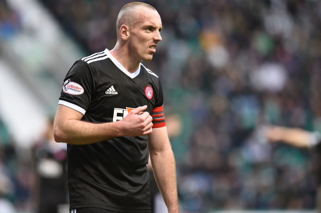 EDINBURGH, SCOTLAND - FEBRUARY 16: Match shot of Darian MacKinnon of Hamilton Academical FC during the Ladbrokes Premiership match between Hibernian and Hamilton Academical at Easter Road on February 16, 2019 in Edinburgh, United Kingdom.