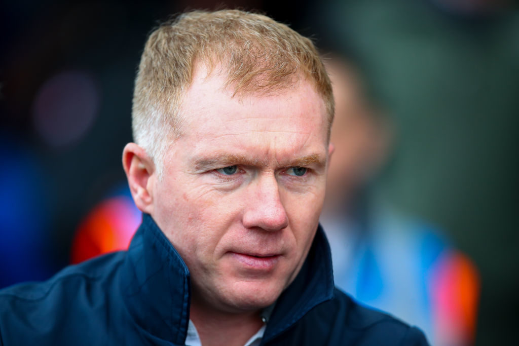 OLDHAM, ENGLAND - FEBRUARY 16: Paul Scholes the head coach / manager of Oldham Athletic during the Sky Bet League Two match between Oldham Athletic and Crew Alexandra at Boundary Park on February 16, 2019 in Oldham, United Kingdom.