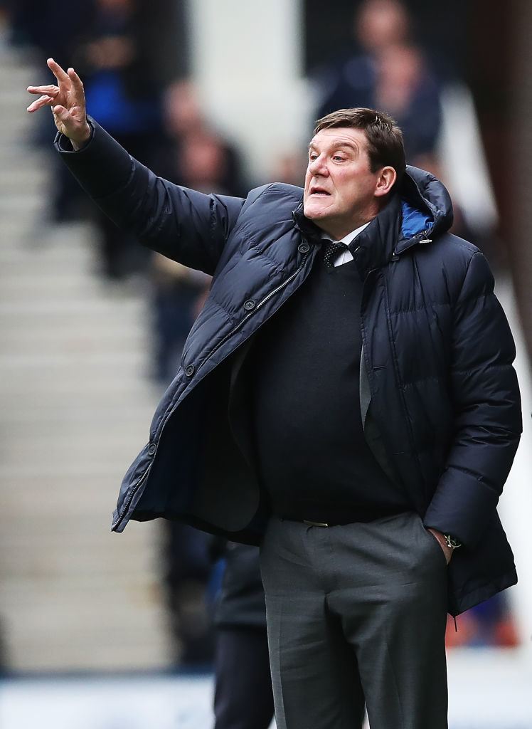 GLASGOW, SCOTLAND - FEBRUARY 16: St Johnstone manager Tommy Wright gives instructions during the Ladbrookes Scottish Premiership match between Rangers and St Johnstone at Ibrox Stadium on February 16, 2019 in Glasgow, Scotland.